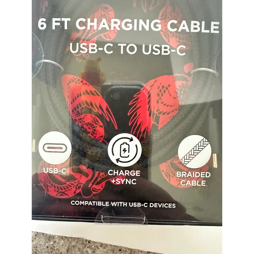 Ed Hardy USB-C to USB-C Charging Cable 6ft Black Braided New Rapid Charge Sync
